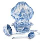 SWANSEA CAMBRIAN POTTERY 'MONOPTEROS' blue and white transfer pattern sauce tureen with cover and