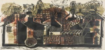 ‡ JOHN JONES limited edition (1/20) linocut - entitled verso 'Landscape, Houses', signed in pencil