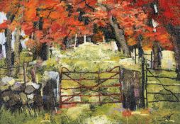 ‡ STEPHEN JOHN OWEN oil on board - wooded landscape with red gate, signed with initials, 29 x