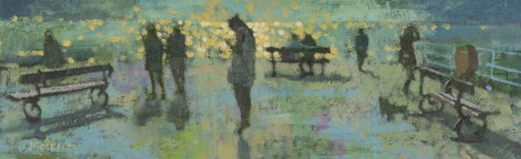 ‡ MEIRION JONES acrylic on board - 'Waiting for the Date', signed, 19 x 60cms Provenance: private