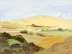 ‡ SARAH CARVELL oil on canvas - entitled verso 'Blustery Landscape', on Martin Tinney Gallery label,