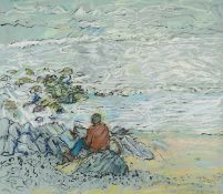 ‡ CLAERWEN HOLLAND ink and pastel on paper - entitled verso, 'Abereiddy Beach' on Thackeray