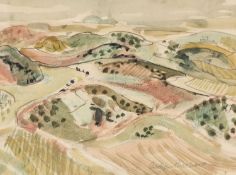‡ GWILYM PRICHARD mixed media - Continental landscape with rolling hills, signed, 22 x 29cms