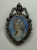 LATE GEORGIAN DIAMOND ENCRUSTED PORTRAIT MINIATURE PENDANT, featuring a young lady glancing