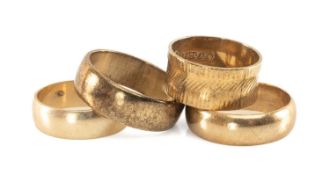 FOUR 9CT GOLD MEDIUM / WIDE WEDDING BANDS, three plain, one engraved, 18.2gms gross (4)