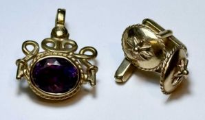PAIR OF 9CT GOLD OVAL SWIVEL BAR CUFFLINKS, 5.2gms, with matching amethyst swivel fob in 9ct gold,