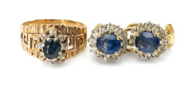 GOLD MOUNTED SAPPHIRE & DIAMOND JEWELLERY, comprising pair 18ct earrings in halo settings, marked '