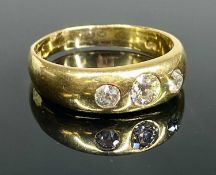GENT'S 18CT GOLD DIAMOND GYPSY STYLE RING, set with three old round cut diamonds, largest approx.