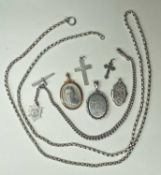 SILVER GUARD CHAIN with large bolt ring clasp, 110cms (l); a silver watch albert with T-bar and