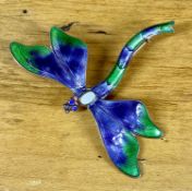 JOHN ATKINS & SONS ENAMELLED SILVER DRAGONFLY BROOCH, re-enamelled in Suffragette colours, 50mms,