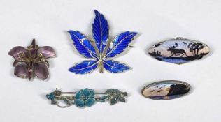 DAVID ANDERSEN (Norway) ENAMELLED STERLING SILVER ORCHID BROOCH, 30mms, 6.1gms, Norwegian blue