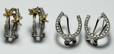 PAIR DIAMOND HORSESHOE EARRINGS in 9ct white gold, 16mms, with pair of diamond set double flower