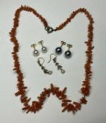 PAIR OF TAHITIAN PEARL EARRINGS, 8mms (diam.), mounted in yellow gold; also a pair of Akoya pearl