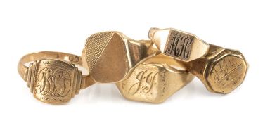 FIVE 9CT GOLD SIGNET RINGS, variously engraved with initials, 25.5gms gross (5) Provenance: