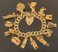 9CT GOLD CURB LINK CHARM BRACELET with padlock clasp, safety chain and eight marked 9ct gold charms,