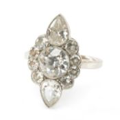 WHITE METAL DIAMOND CLUSTER MARQUISE SHAPED DRESS RING, the central round-cut stone (1.4cts approx.)