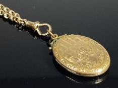 LONG GOLD BELCHER CHAIN with dog clip, stamped '9k', 148cms (l), 32g; and an oval yellow metal