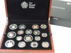 ROYAL MINT 2013 UK PREMIUM PROOF COIN SET (16 coins), with wooden case, certificate, and outer