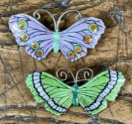 TWO JOHN ATKINS & SONS ENAMELLED STERLING SILVER BUTTERFLY BROOCHES, lilac example hallmarked