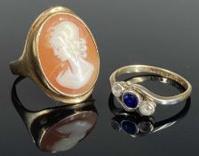 9CT GOLD CAMEO RING, size P, 5.6gms; and a sapphire three-stone ring in crossover setting, 9ct