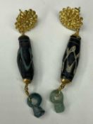 MUSÉON ART ANTIQUE PHOENICIAN GLASS BEADS, newly mounted in 21ct gold as earrings, 60mms drop,