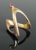 9CT GOLD & RUBY SOLITAIRE WISHBONE SHAPED DRESS RING, size M, 4.2gms Provenance: private
