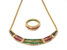YELLOW METAL DIAMOND, RUBY, SAPPHIRE & EMERALD NECKLACE, stamped '750', 40.5cms long, 13.7gms,