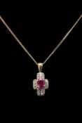 9CT GOLD RUBY & DIAMOND PENDANT ON CHAIN, cruciform, gross wt. 3.0g Provenance: private collection
