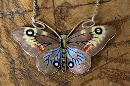 MARIUS HAMMER (Norway) ENAMELLED SILVER BUTTERFLY PENDANT, marked with monogram and 930S, 52mms,