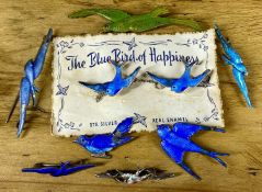 ENAMELLED STERLING SILVER BLUEBIRD CHAINED PAIR BROOCH on original advertising card 'The Bluebird of