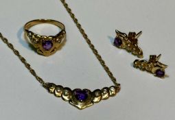 AMETHYST & DIAMOND SUITE, including pendant necklace in 9ct gold, the pendant centred with pear-