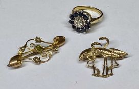 DIAMOND & SYNTHETIC SAPPHIRE DRESS RING in 9ct gold, size O, 4.2gms, with 9ct gold peridot and pearl