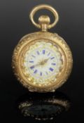 LATE VICTORIAN LADIES' 14CT GOLD & ENAMELLED CROWN WIND FOB WATCH, attractive white dial with blue