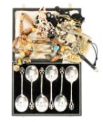 ASSORTED COSTUME JEWELLERY comprising cased set of EPNS spoons, Gucci Quartz wristwatch and booklet,