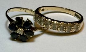 SAPPHIRE & DIAMOND FLOWER HEAD CLUSTER RING in 9ct gold, size K, 1.3gms, with further 9ct gold ring,