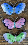 THREE ENAMELLED STERLING SILVER BUTTERFLY BROOCHES, each 55mms, gross weight approx. 32gms