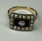 REGENCY DIAMOND, BLUE ENAMELLED & PEARL RING, c. 1820, centred with a rose cut diamond within a deep