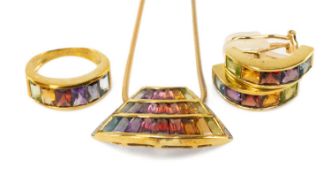 YELLOW METAL MULTI-GEM 'RAINBOW' JEWELLERY SUITE comprising fan design necklace, ring and pair of