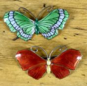 TWO JOHN ATKINS & SONS ENAMELLED SILVER BUTTERFLY BROOCHES, scarlet red example hallmarked