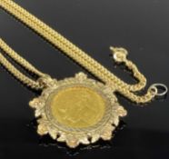 QUEEN VICTORIA GOLD SOVEREIGN PENDANT NECKLACE, Young Head, 1884, in a 9ct gold foliate mount,