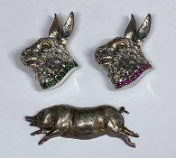 TWO STERLING SILVER & PASTE SET MARCH HARE BROOCHES, 30mms, 20.7gms, with pressed white metal