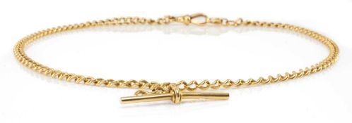 18CT GOLD ALBERT WATCH CHAIN, small curb link chain with T-bar, lobster and ring clasps, 47.5cms,