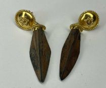 MUSÉON ART ANTIQUE PHOENICIAN METAL ARROWHEADS, modern mounted in 21ct gold as pendant earrings,
