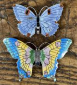 TWO ENAMELLED STERLING SILVER BUTTERFLY BROOCHES, maker CT & S, the largest 70 x 45mms, the other 53
