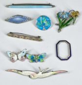 ASSORTMENT OF ENAMELLED SILVER & OTHER BROOCHES including two small butterfly brooches, 25mms the