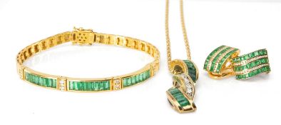 YELLOW METAL EMERALD & DIAMOND PENDANT on 9k gold fine chain, similar emerald and diamond