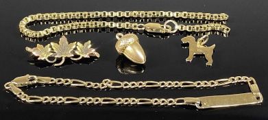 9CT GOLD FIGARO IDENTITY BRACELET, 19cms (l); also a length of 9ct gold box link chain, once a