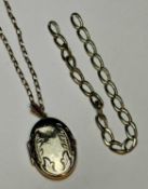 9CT GOLD OVAL PICTURE LOCKET, 30mms, suspended on 9ct gold chain necklace, 58cms (l), 8.5gms, with a