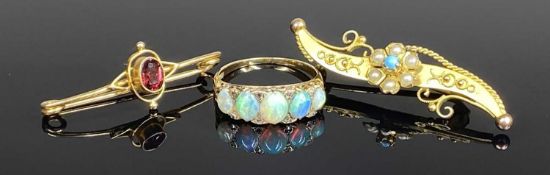 18CT GOLD OPAL & DIAMOND CHIP CLUSTER RING, size L, 2.8g; also a late Victorian 9ct gold turquoise