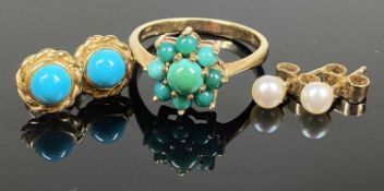 TURQUOISE CLUSTER RING, set in 9ct gold, size N, 2.6g; also a pair of turquoise ear studs, set in